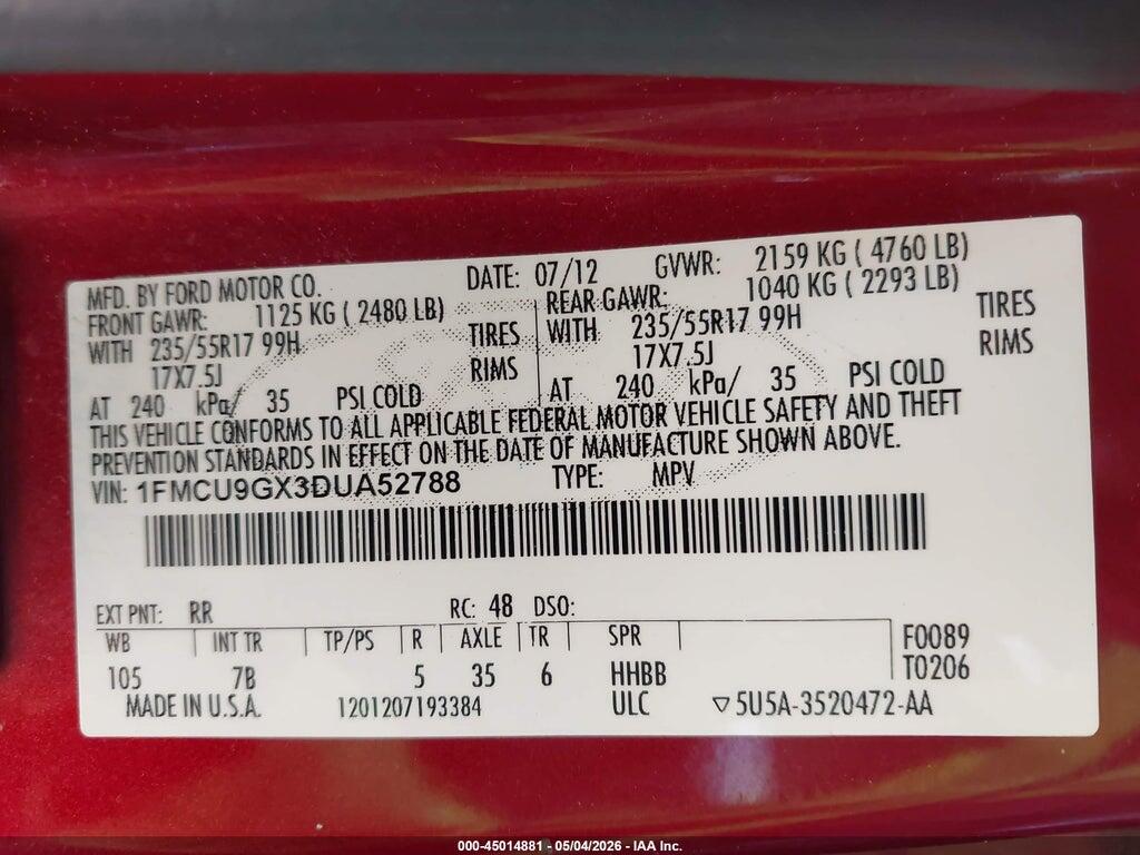 1FMCU9GX3DUA52788 2013 FORD ESCAPE photo no. 9