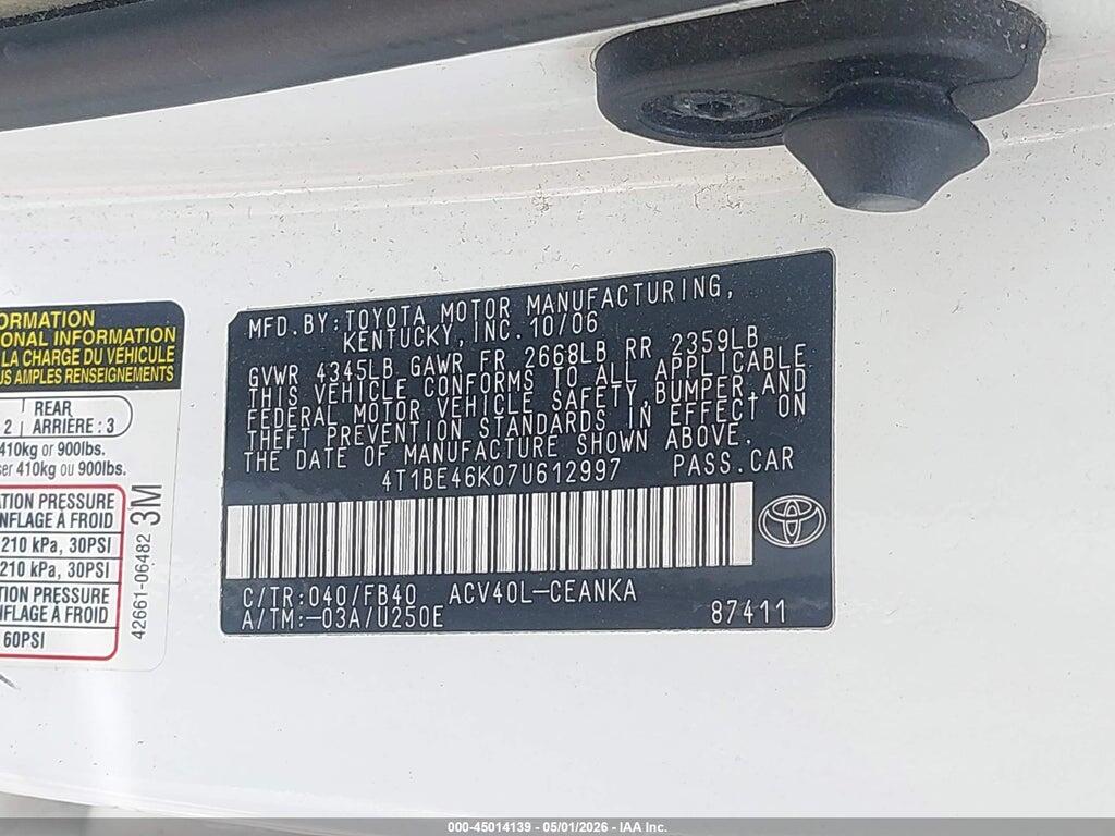 4T1BE46K07U612997 2007 TOYOTA CAMRY photo no. 9
