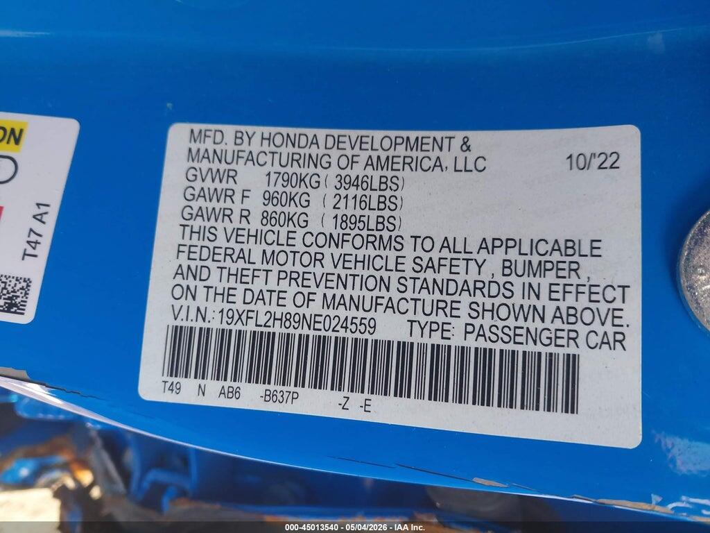 19XFL2H89NE024559 2022 HONDA CIVIC photo no. 9