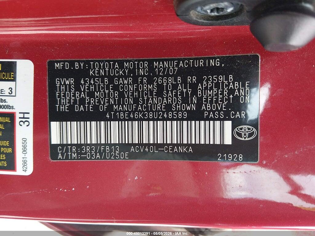 4T1BE46K38U248589 2008 TOYOTA CAMRY photo no. 9