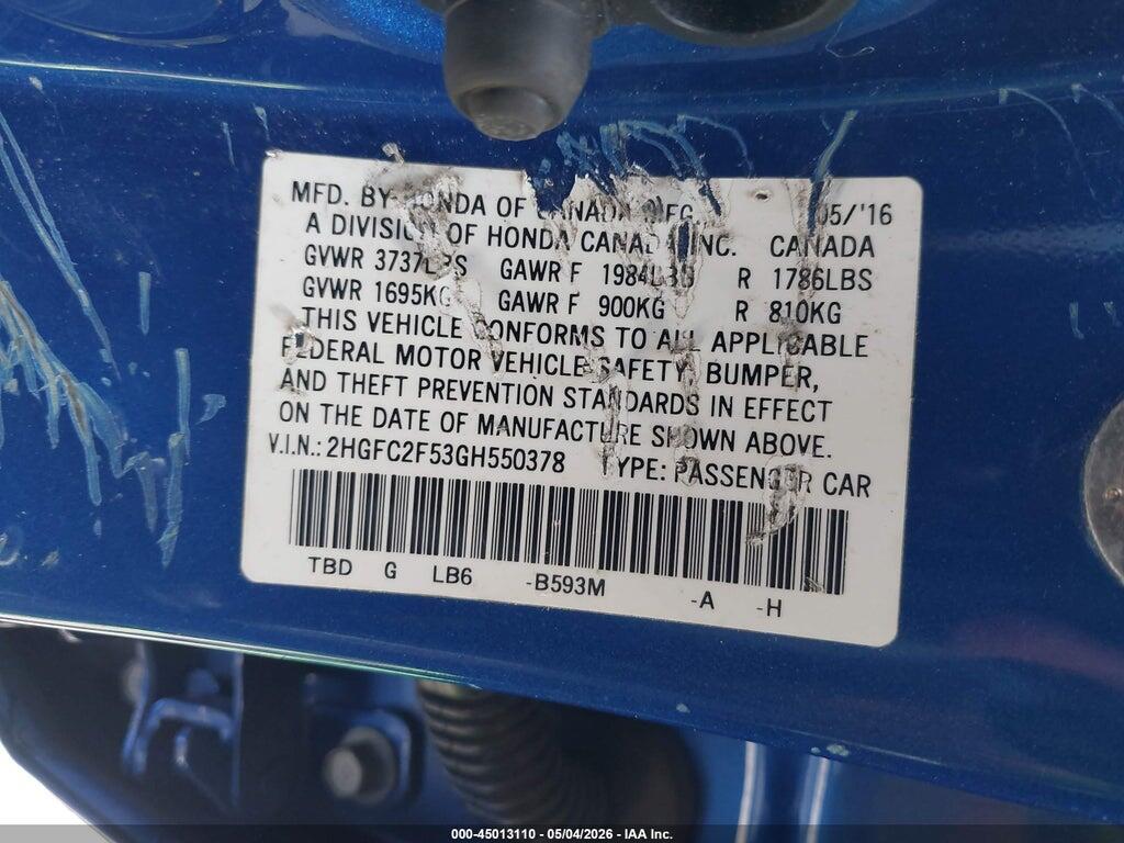 2HGFC2F53GH550378 2016 HONDA CIVIC photo no. 9