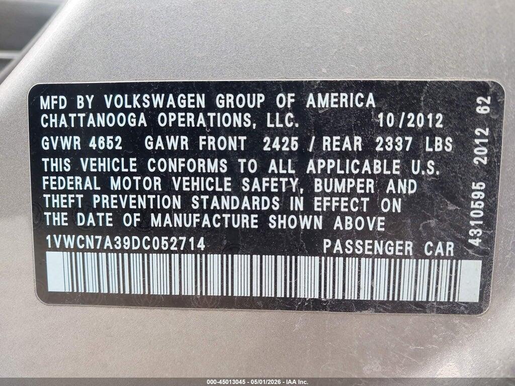 1VWCN7A39DC052714 2013 VOLKSWAGEN PASSAT photo no. 9