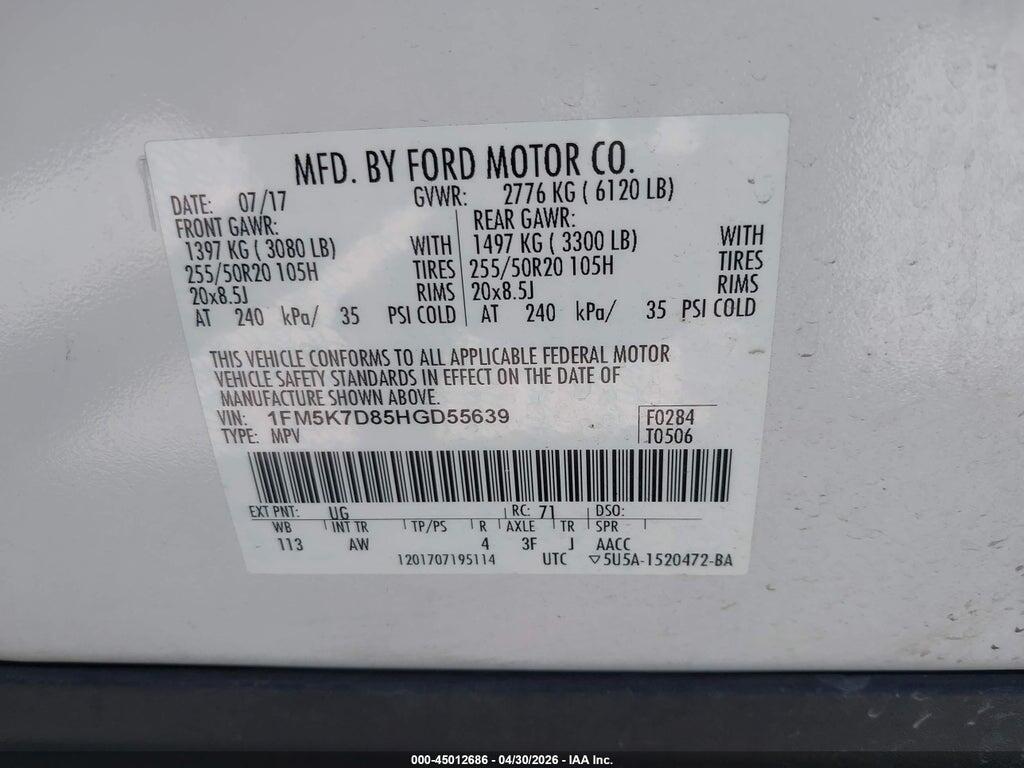 1FM5K7D85HGD55639 2017 FORD EXPLORER photo no. 9