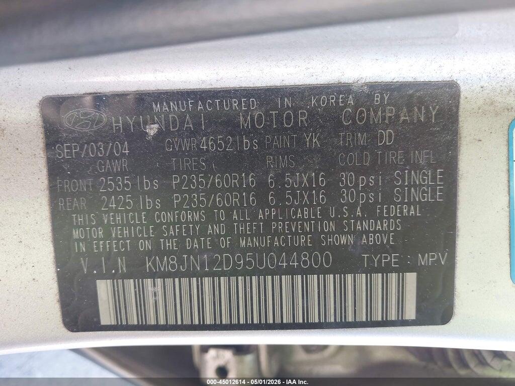 KM8JN12D95U044800 2005 HYUNDAI TUCSON photo no. 9