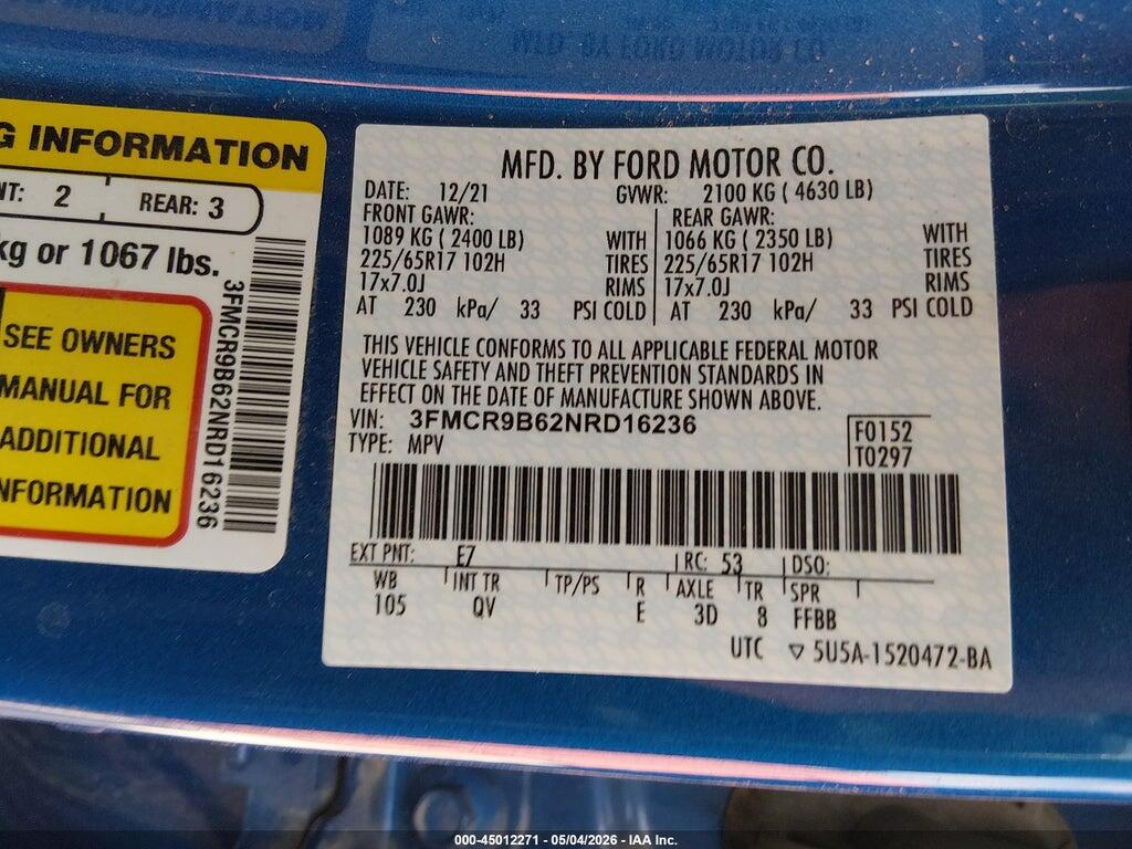 3FMCR9B62NRD16236 2022 FORD BRONCO SPORT photo no. 9