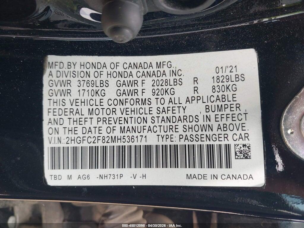 2HGFC2F82MH536171 2021 HONDA CIVIC photo no. 9