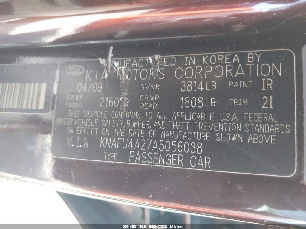 KNAFU4A27A5056038 2010 KIA FORTE photo no. 9