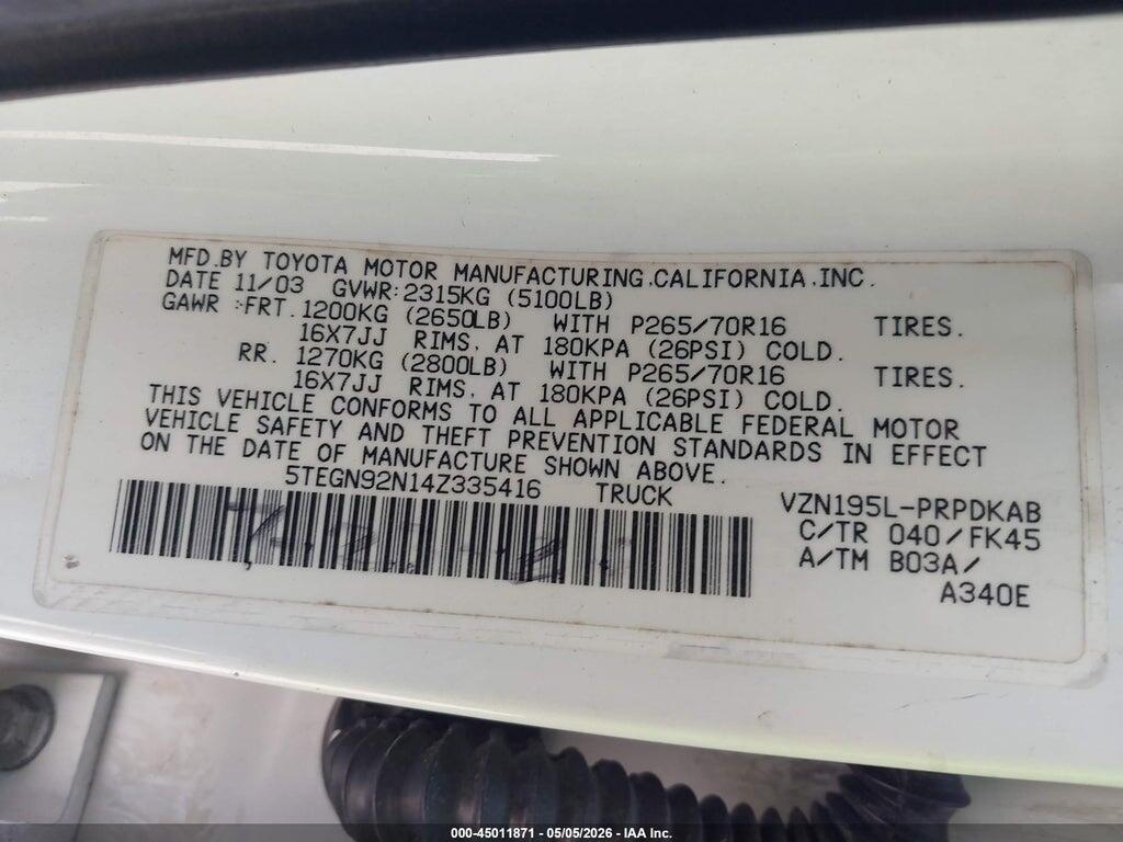 5TEGN92N14Z335416 2004 TOYOTA TACOMA photo no. 9