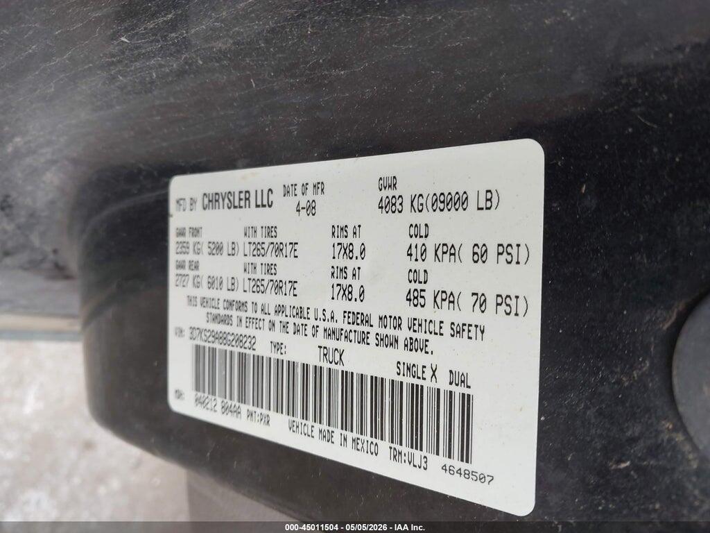 3D7KS29A88G208232 2008 DODGE RAM 2500 photo no. 9