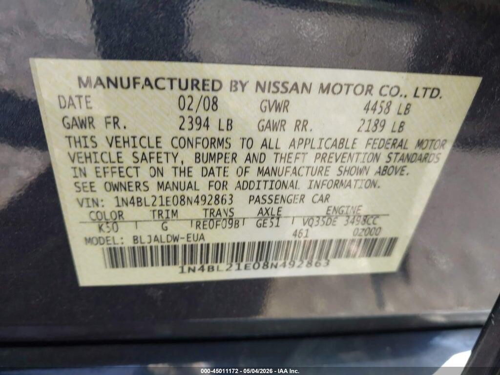 1N4BL21E08N492863 2008 NISSAN ALTIMA photo no. 9