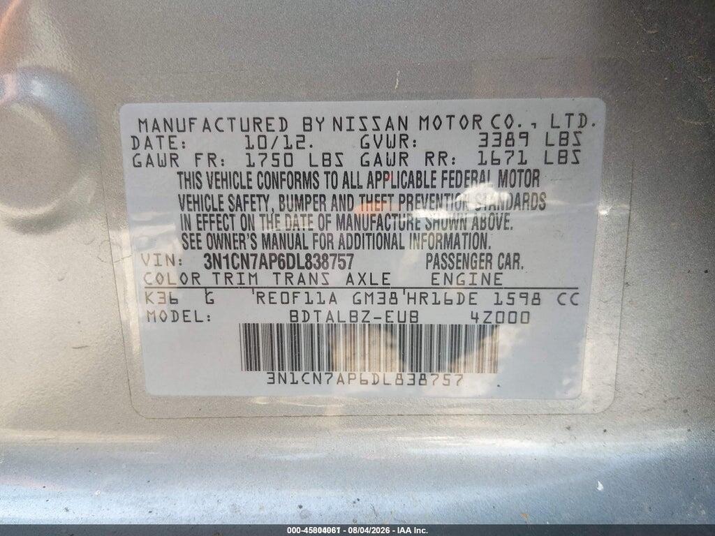 3N1CN7AP6DL838757 2013 NISSAN VERSA photo no. 9