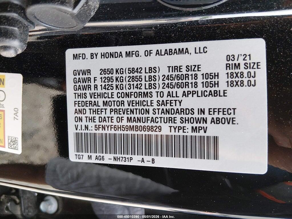 5FNYF6H59MB069829 2021 HONDA PILOT photo no. 9