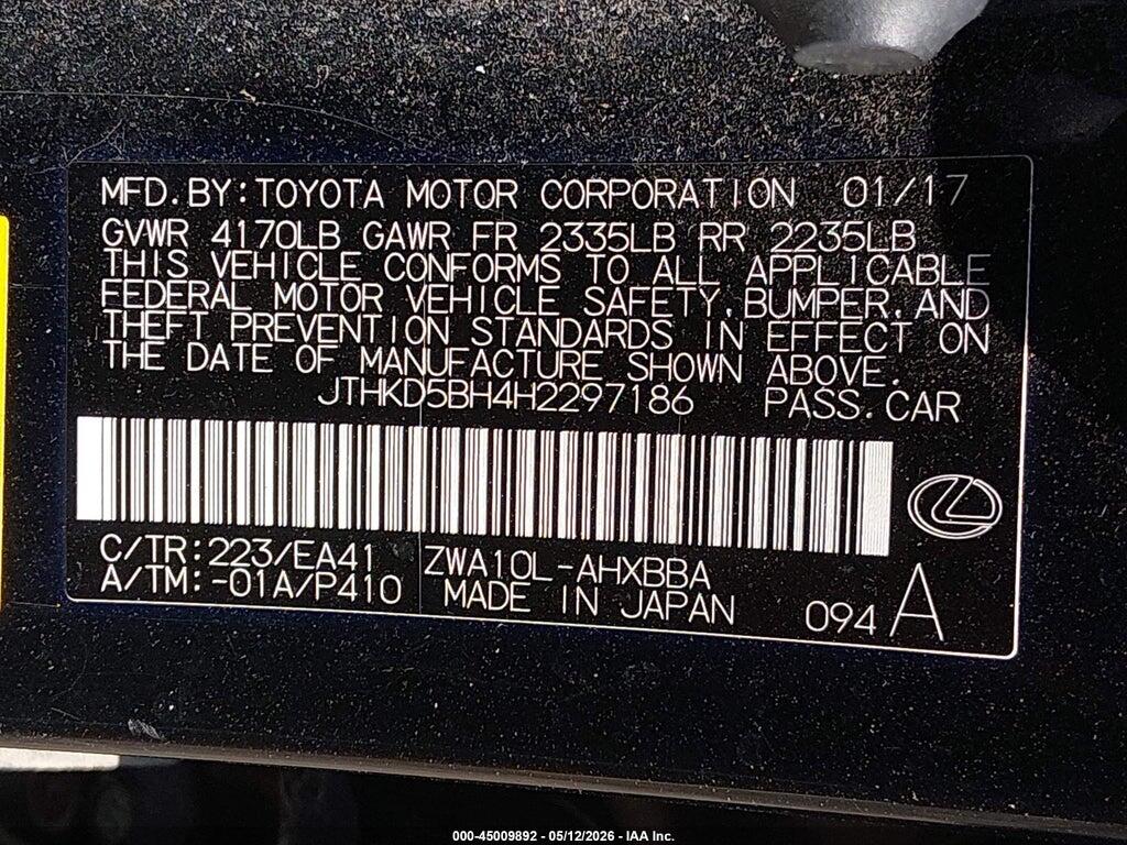 JTHKD5BH4H2297186 2017 LEXUS CT 200H photo no. 9