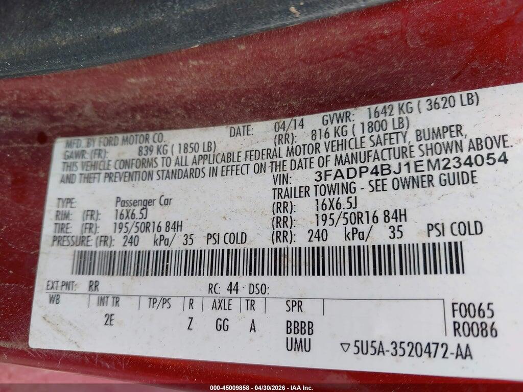 3FADP4BJ1EM234054 2014 FORD FIESTA photo no. 9