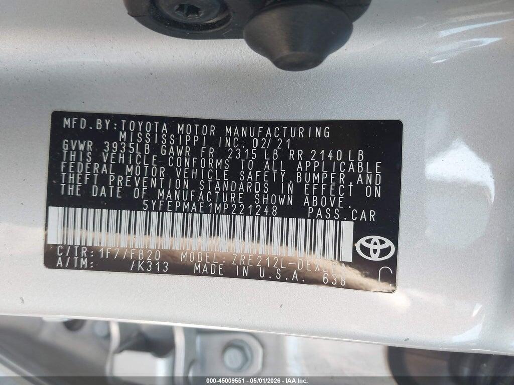 5YFEPMAE1MP221248 2021 TOYOTA COROLLA photo no. 9