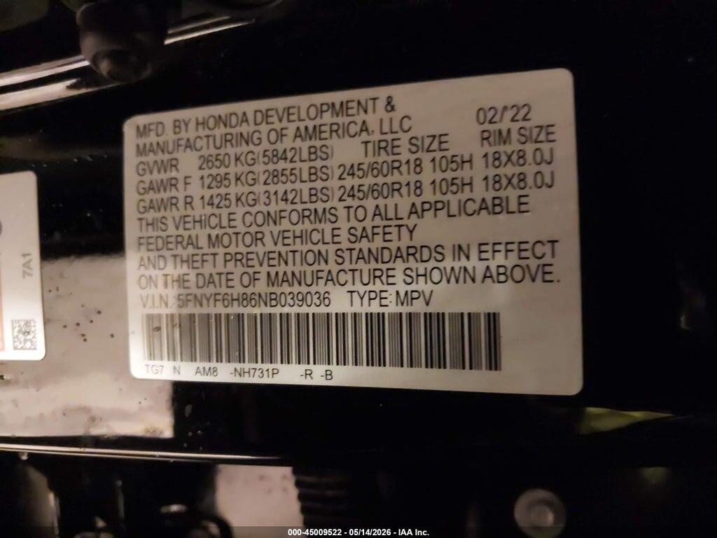 5FNYF6H86NB039036 2022 HONDA PILOT photo no. 9
