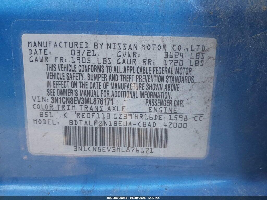 3N1CN8EV3ML876171 2021 NISSAN VERSA photo no. 9