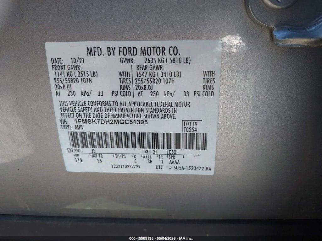 1FMSK7DH2MGC51395 2021 FORD EXPLORER photo no. 9
