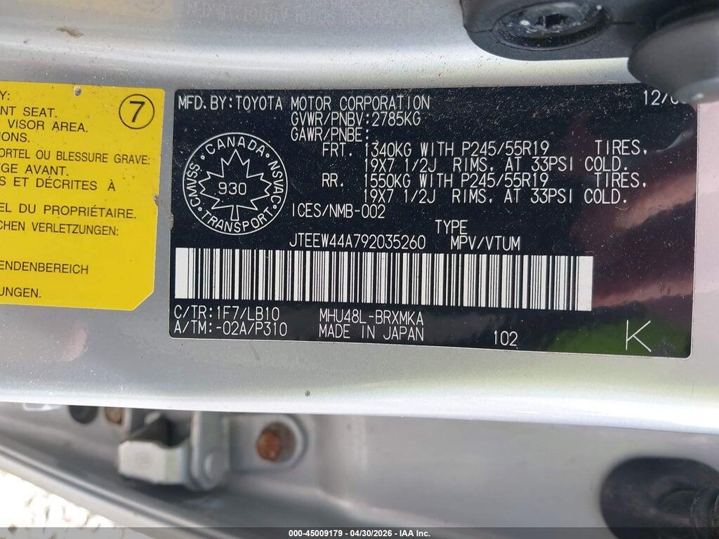 JTEEW44A792035260 2009 TOYOTA HIGHLANDER HYBRID photo no. 9