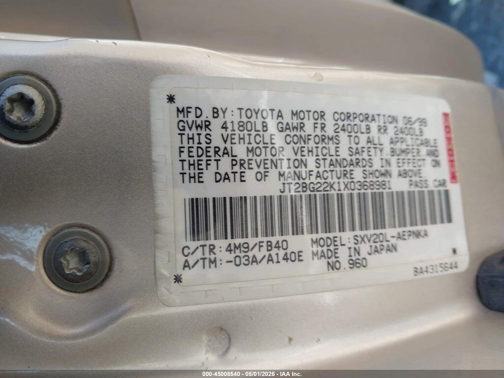 JT2BG22K1X0368981 1999 TOYOTA CAMRY photo no. 9