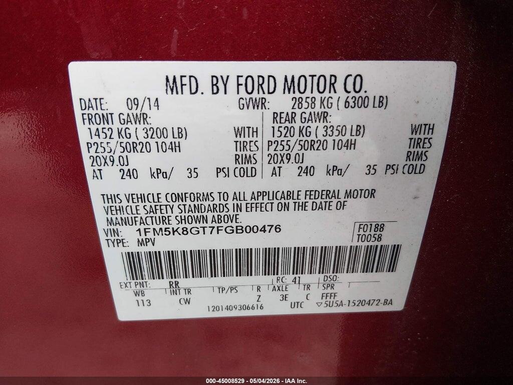 1FM5K8GT7FGB00476 2015 FORD EXPLORER photo no. 9