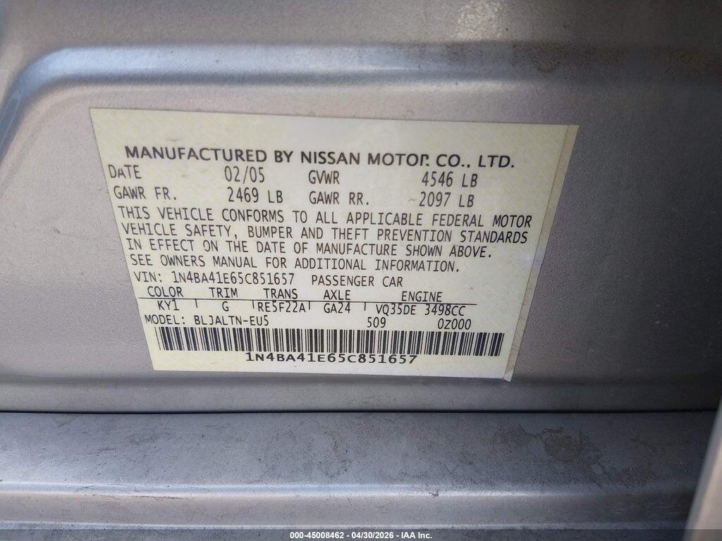 1N4BA41E65C851657 2005 NISSAN MAXIMA photo no. 9