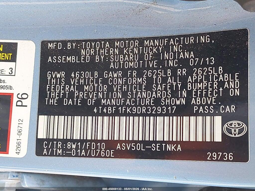 4T4BF1FK9DR329317 2013 TOYOTA CAMRY photo no. 9