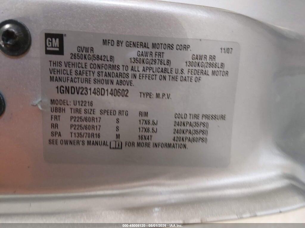 1GNDV23148D140602 2008 CHEVROLET UPLANDER photo no. 9