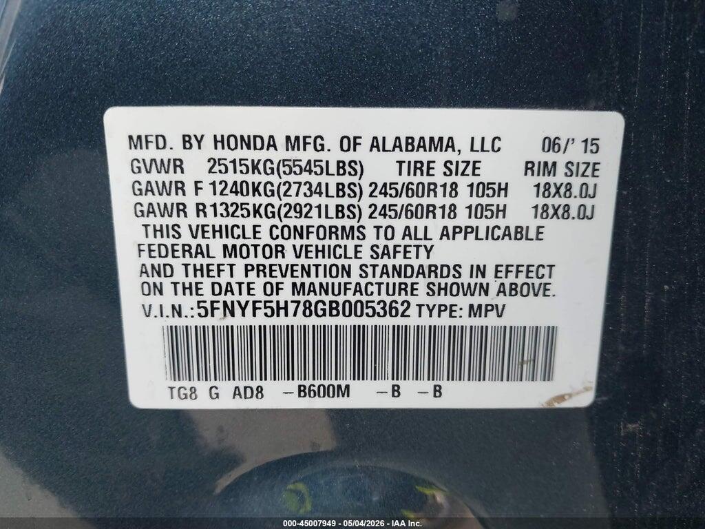 5FNYF5H78GB005362 2016 HONDA PILOT photo no. 9