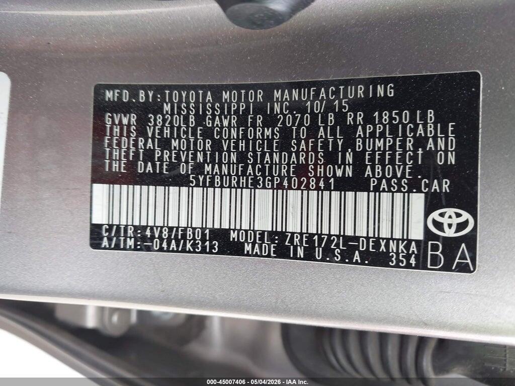 5YFBURHE3GP402841 2016 TOYOTA COROLLA photo no. 9