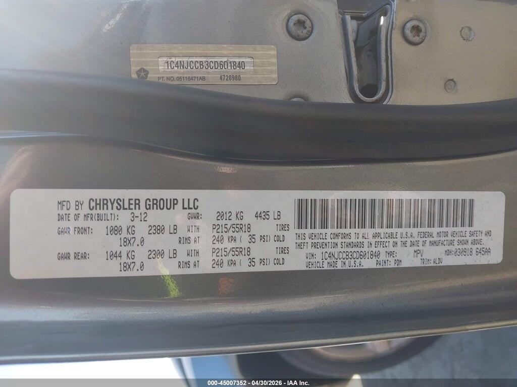 1C4NJCCB3CD601840 2012 JEEP COMPASS photo no. 9