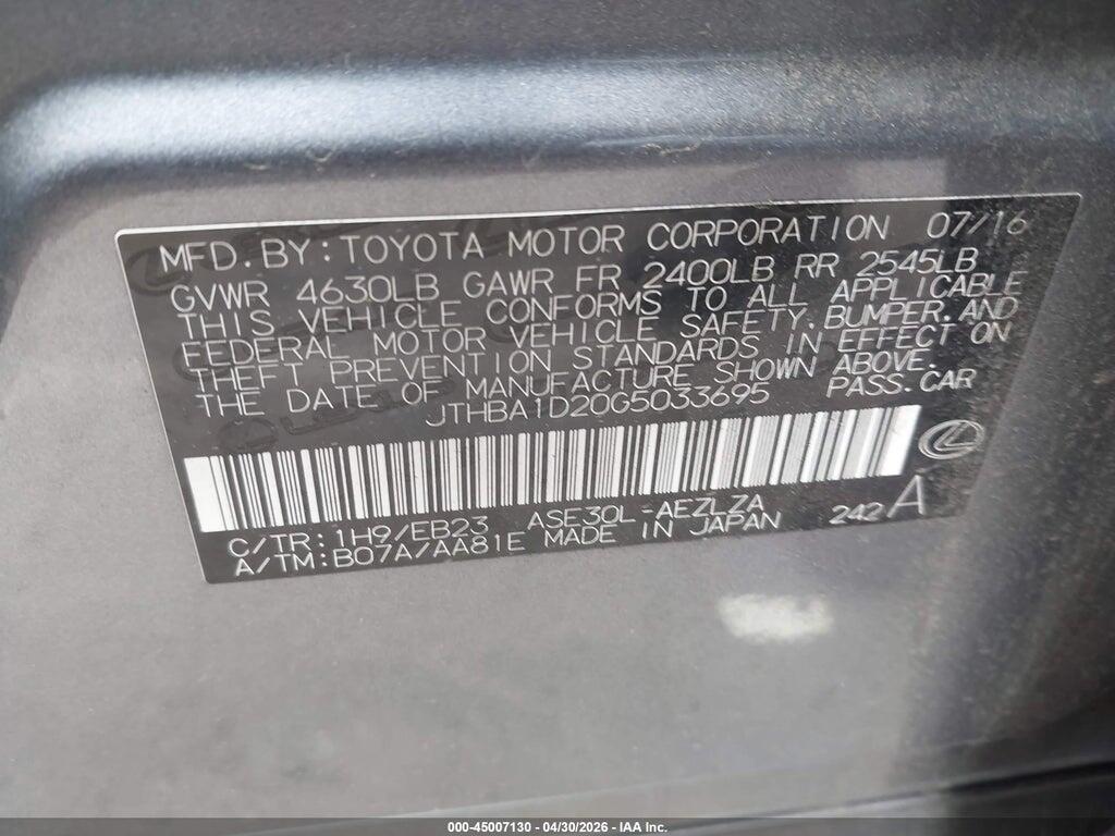 JTHBA1D20G5033695 2016 LEXUS IS 200T photo no. 9