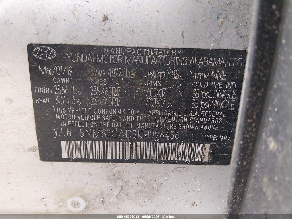 5NMS2CAD3KH096456 2019 HYUNDAI SANTA FE photo no. 9