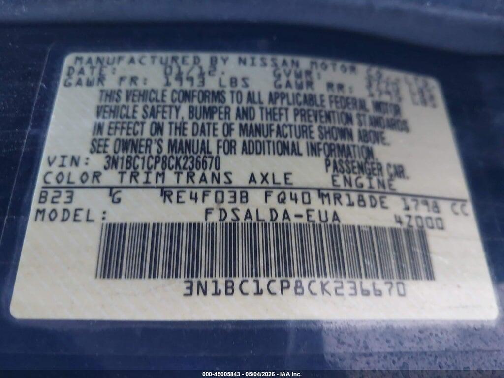 3N1BC1CP8CK236670 2012 NISSAN VERSA photo no. 9