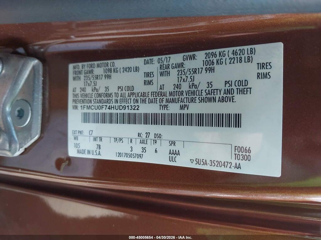 1FMCU0F74HUD91322 2017 FORD ESCAPE photo no. 9