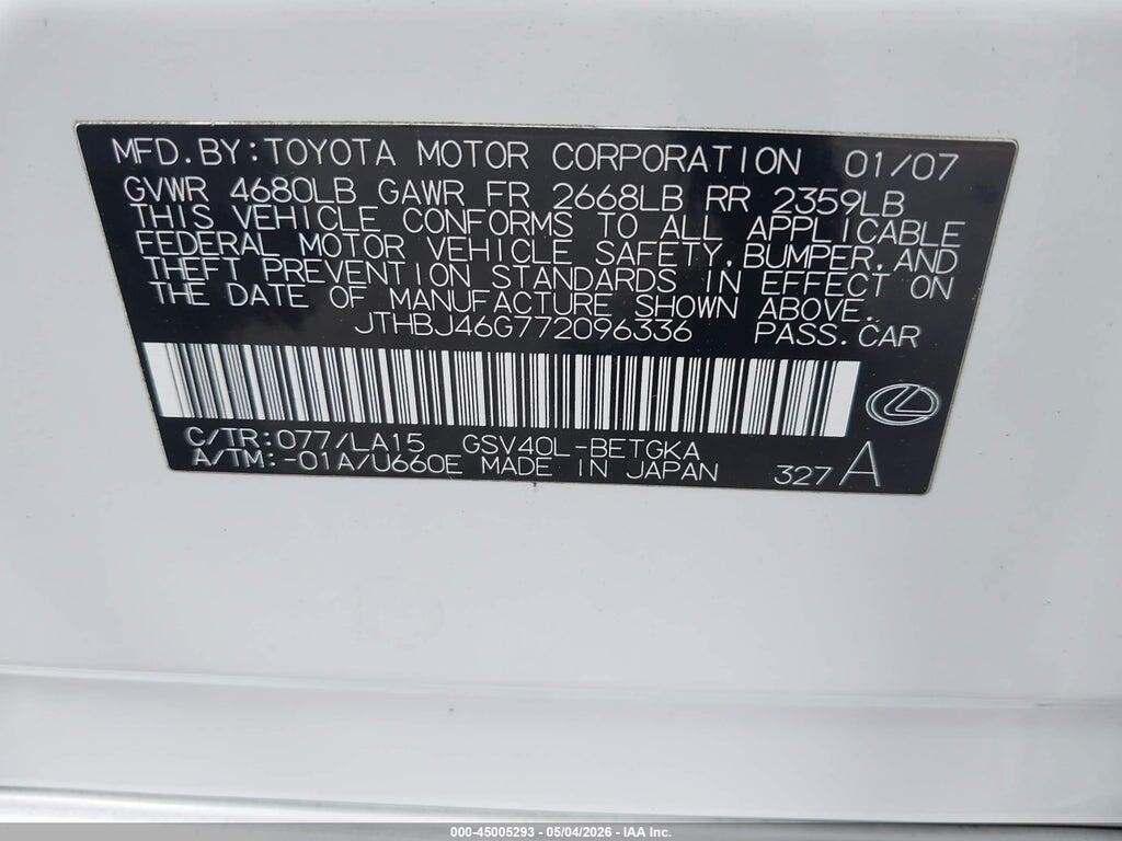JTHBJ46G772096336 2007 LEXUS ES 350 photo no. 9