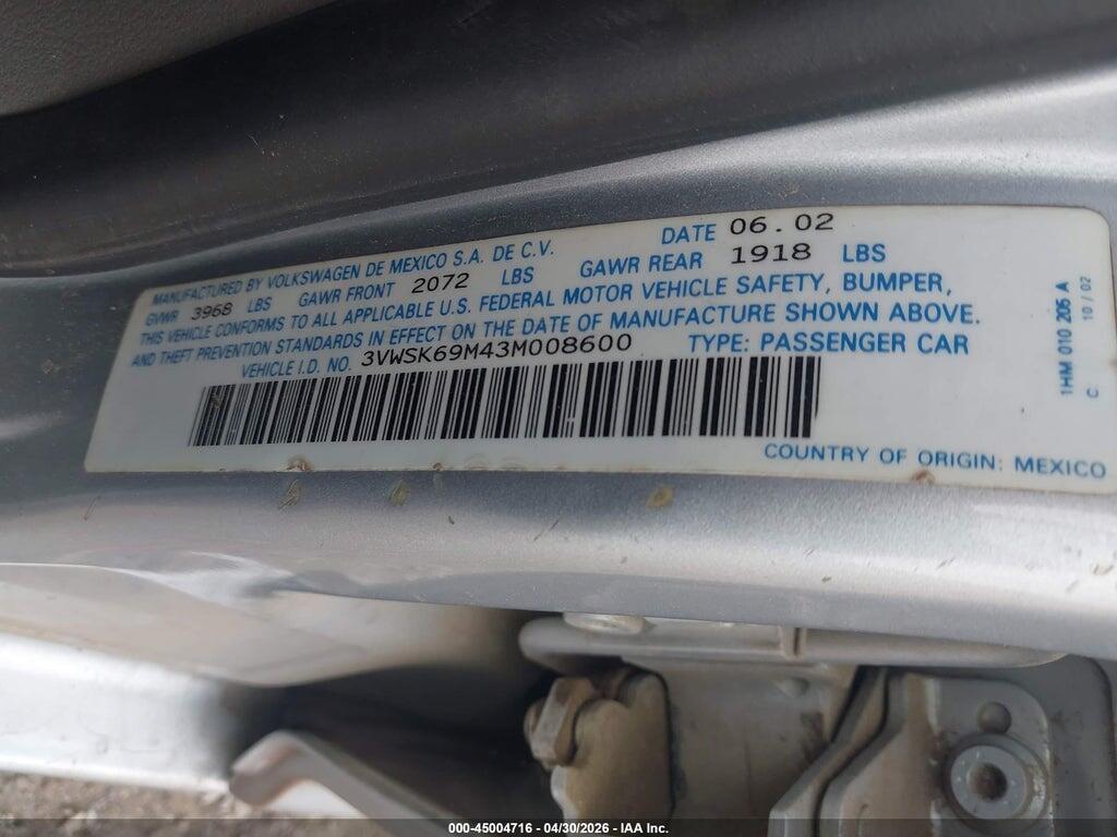 3VWSK69M43M008600 2003 VOLKSWAGEN JETTA photo no. 9