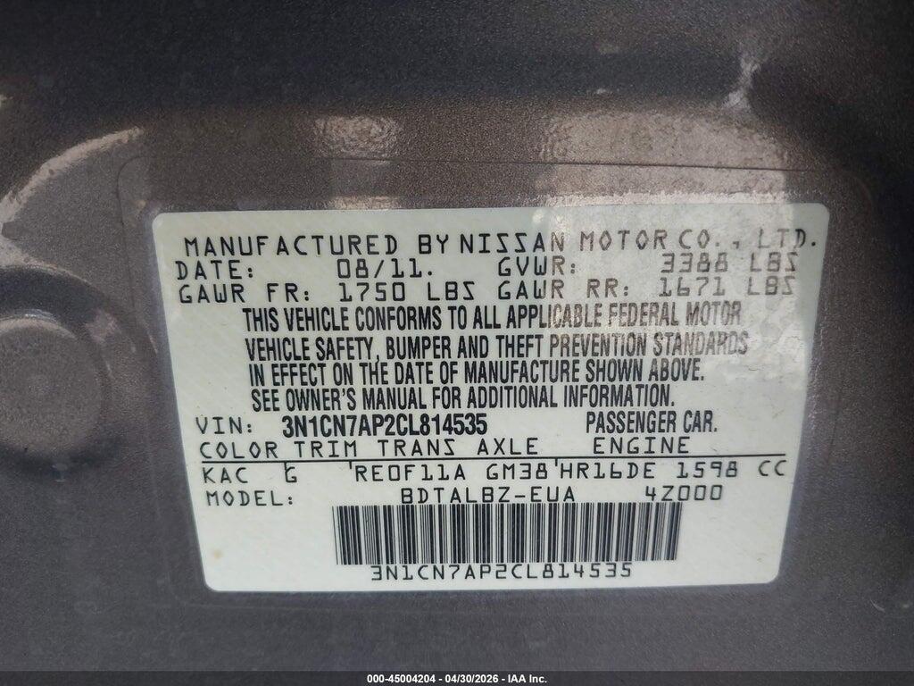 3N1CN7AP2CL814535 2012 NISSAN VERSA photo no. 9