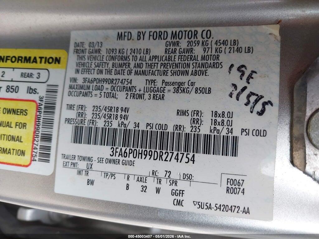 3FA6P0H99DR274754 2013 FORD FUSION photo no. 9