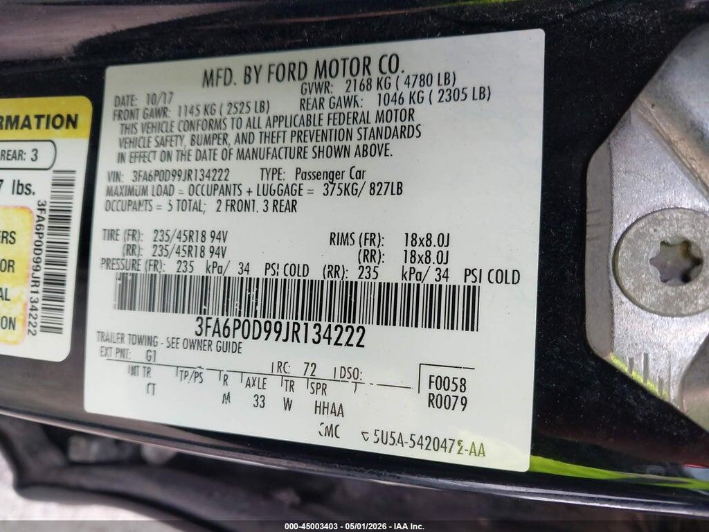 3FA6P0D99JR134222 2018 FORD FUSION photo no. 9