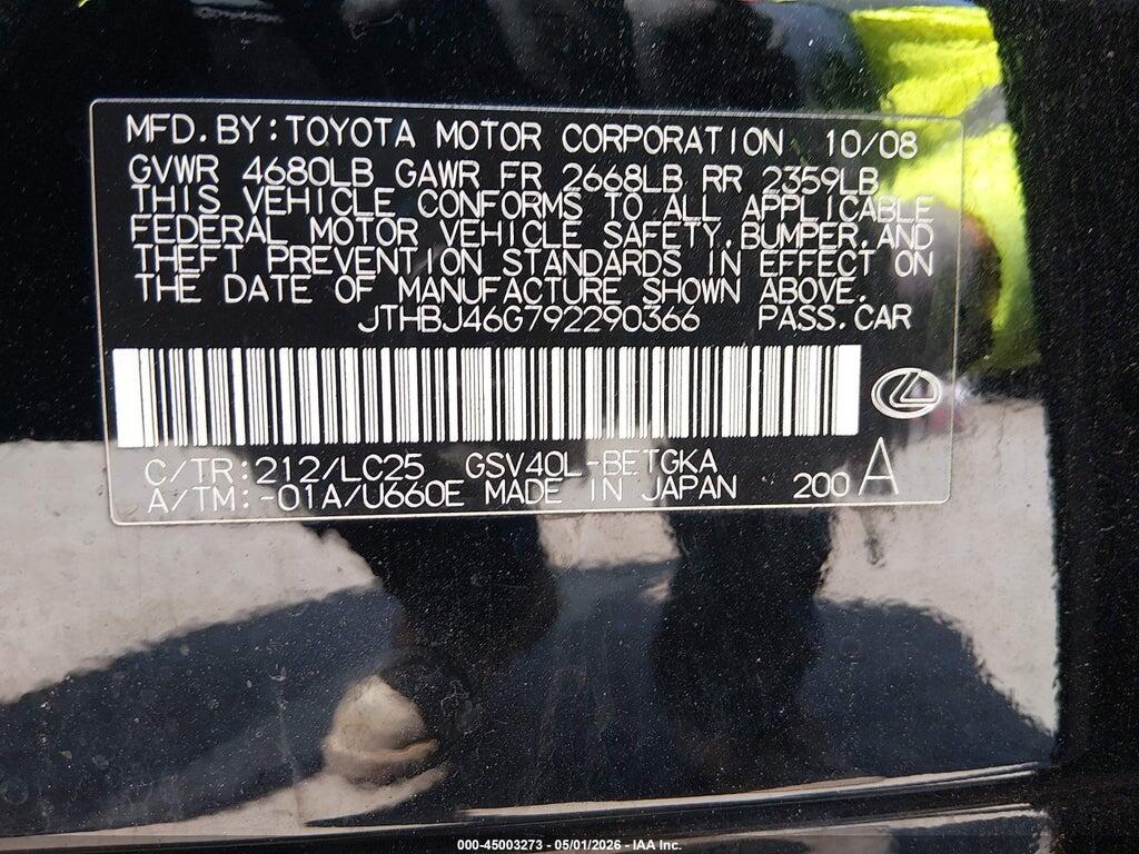 JTHBJ46G792290366 2009 LEXUS ES 350 photo no. 9