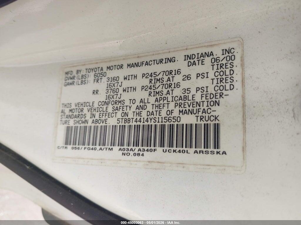 5TBBT4414YS115650 2000 TOYOTA TUNDRA photo no. 9