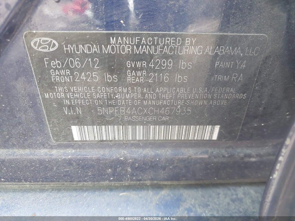 5NPEB4ACXCH467935 2012 HYUNDAI SONATA photo no. 9