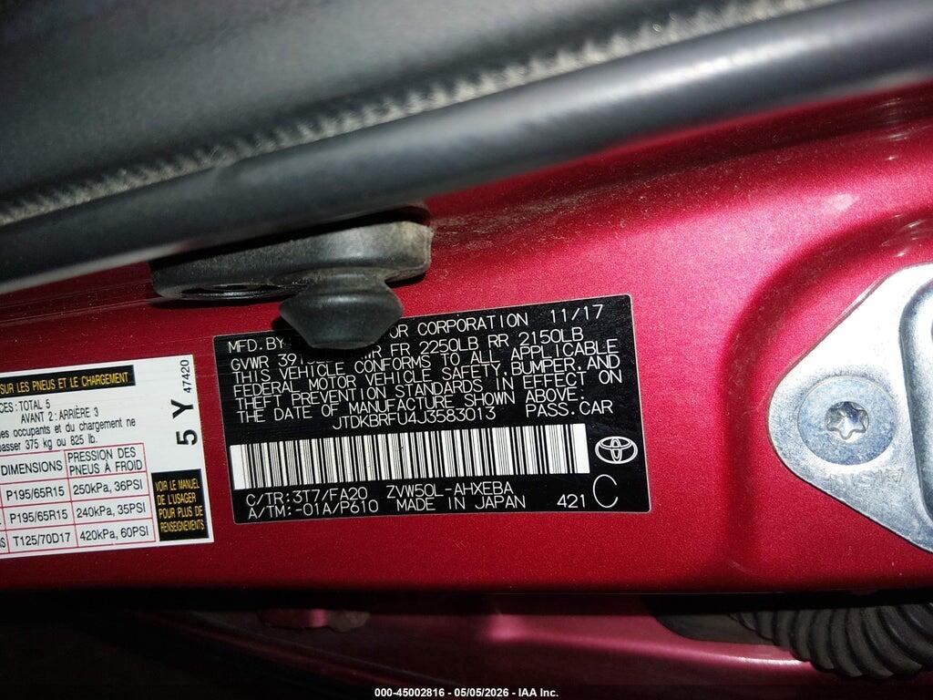 JTDKBRFU4J3583013 2018 TOYOTA PRIUS photo no. 9