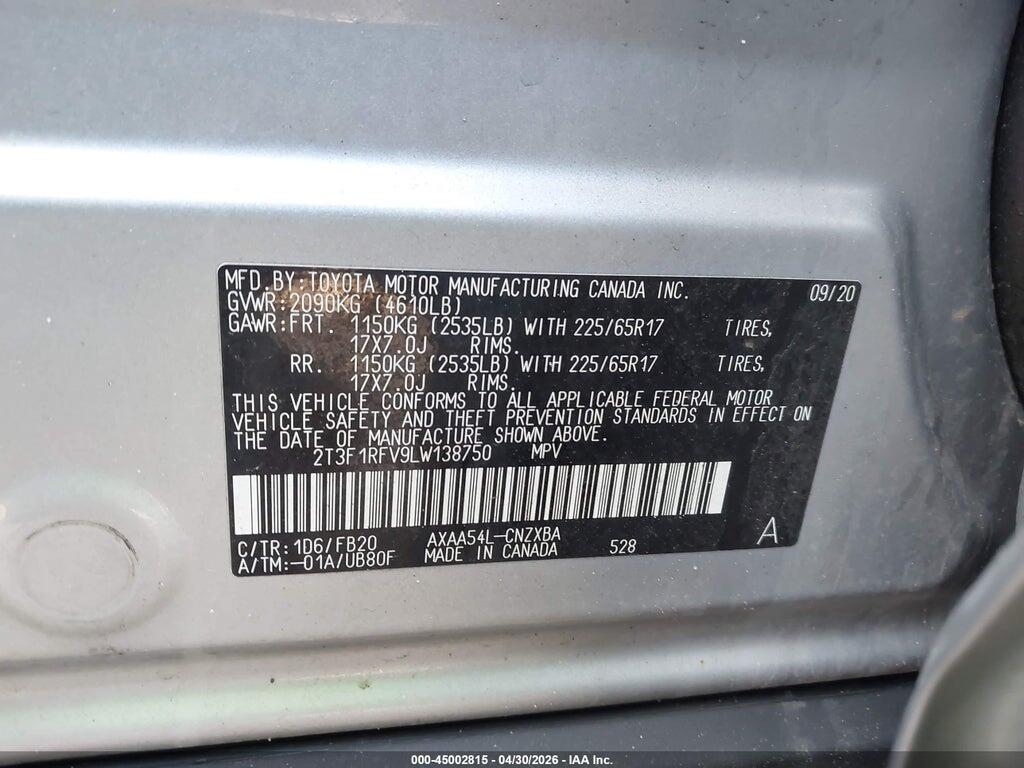 2T3F1RFV9LW138750 2020 TOYOTA RAV4 photo no. 9