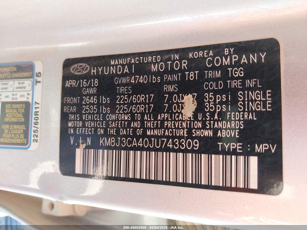 KM8J3CA40JU743309 2018 HYUNDAI TUCSON photo no. 9