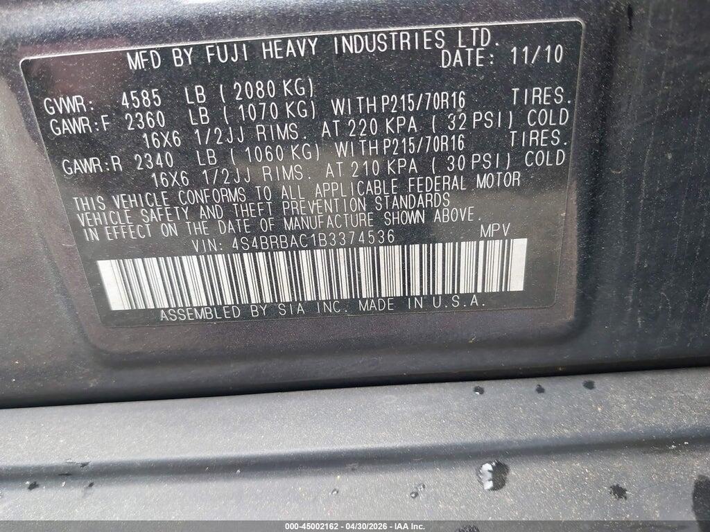 4S4BRBAC1B3374536 2011 SUBARU OUTBACK photo no. 9