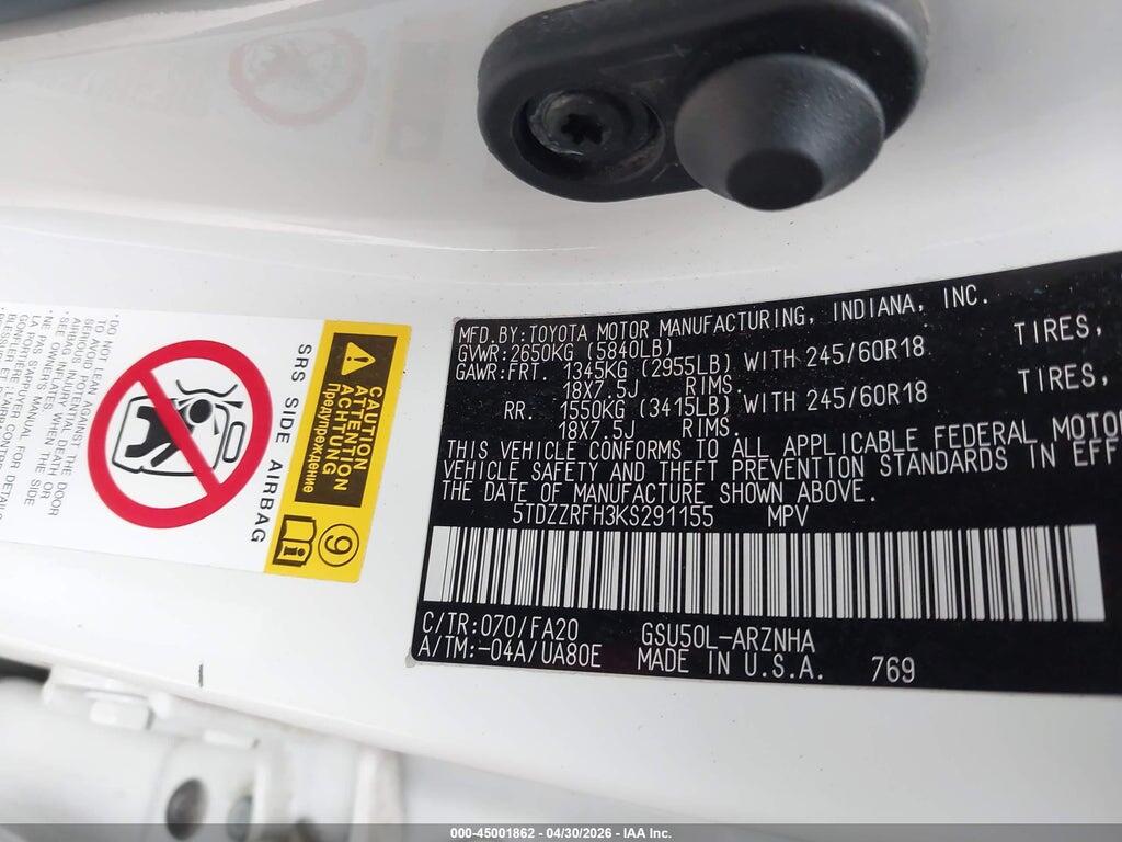 5TDZZRFH3KS291155 2019 TOYOTA HIGHLANDER photo no. 9