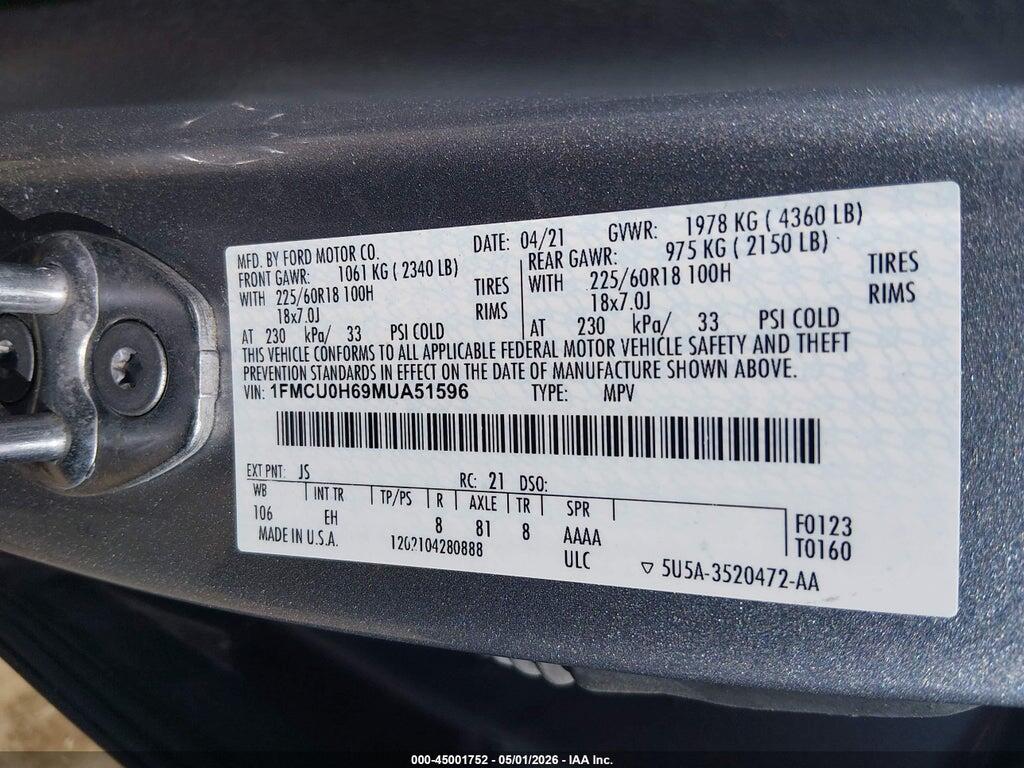 1FMCU0H69MUA51596 2021 FORD ESCAPE photo no. 9