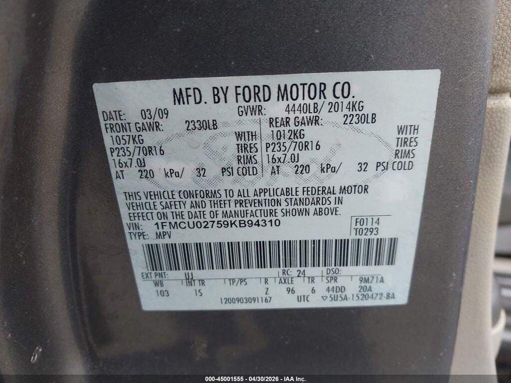1FMCU02759KB94310 2009 FORD ESCAPE photo no. 9